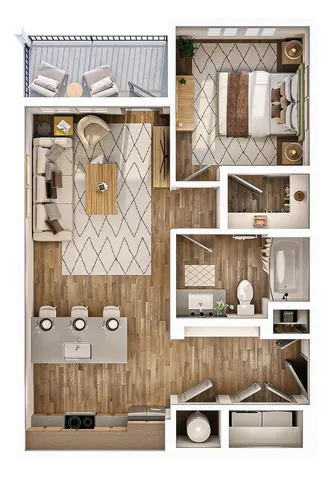 Chic floor plan showcasing a modern one-bedroom apartment with an open-concept living and dining area, stylish kitchen, and cozy balcony space.