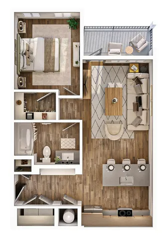 Chic 1-bedroom apartment floor plan with open-concept living and dining area, modern kitchen, elegant bathroom, and cozy balcony seating.