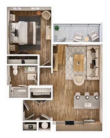 Elegant open-concept floor plan featuring a cozy bedroom, modern kitchen, spacious living area, and balcony.