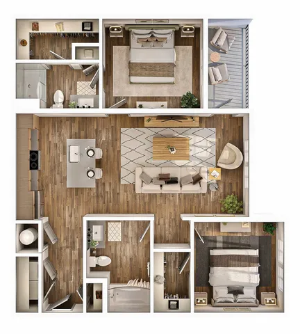 Elegant 3D floor plan featuring two bedrooms, an open-concept living and dining area, spacious kitchen, two modern bathrooms, and a cozy balcony with seating.