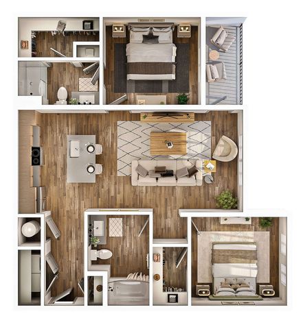 Elegant 2D floor plan showcasing 2 bedrooms with en-suite bathrooms, open-concept living and dining area, modern kitchen, and cozy balcony.