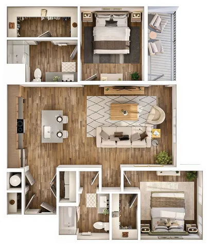 Modern 2D floor plan showcasing 2 bedrooms, a spacious living room, and an elegant kitchen with hardwood flooring.