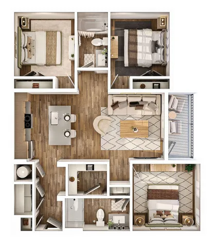 Elegant floor plan featuring three spacious bedrooms, a modern open-plan kitchen and dining area, cozy living room, and a private balcony.