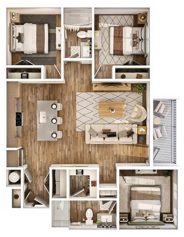 Elegant apartment floor plan with 3 bedrooms, stylish open-concept living area, spacious kitchen, and private balcony.