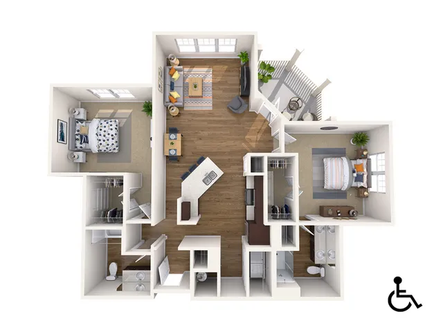3D floor plan showcasing 2 bedrooms, a modern open-concept kitchen and living area, private balcony, and accessible features.