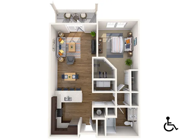 3D floor plan showcasing a ADA accessible apartment with one cozy bedroom, stylish kitchen, and a welcoming living area opening to a charming balcony.