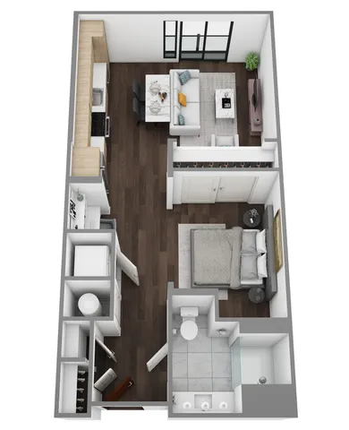 Modern 3D floor plan showcasing a single bedroom, open-concept kitchen and living area, and a sleek bathroom. Cozy atmosphere with stylish furnishings.