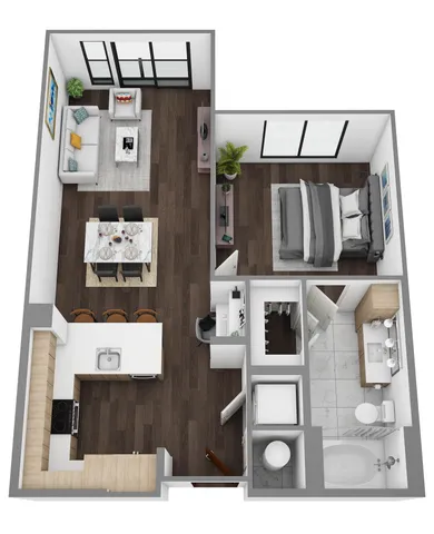 Modern 1-bedroom apartment floor plan featuring a spacious living area, sleek kitchen with island, chic bathroom, and cozy bedroom.