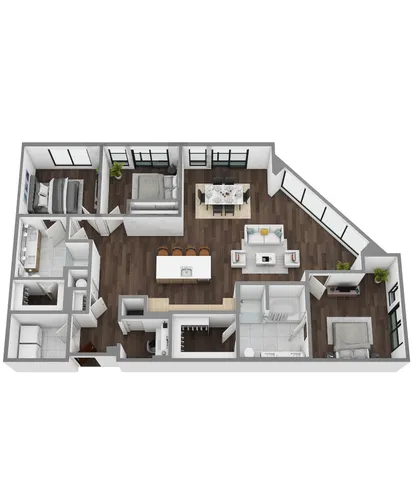 Modern 3D floor plan featuring three spacious bedrooms, an open-concept living and dining area, sleek kitchen with island, and large windows for natural light.