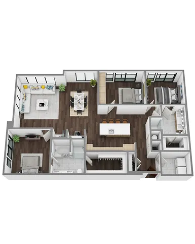 Modern floor plan showcasing 3 bedrooms, elegant open living area, gourmet kitchen with island seating, and spacious bathrooms.