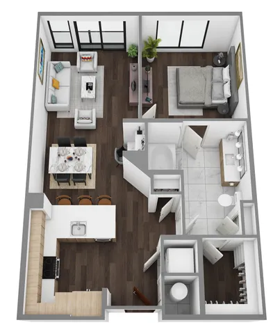 Modern 3D floor plan showcasing a cozy bedroom, stylish living room, elegant dining area, and fully equipped kitchen with contemporary design.