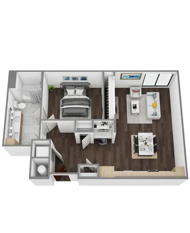 Modern 3D floor plan featuring a spacious bedroom, sleek living area, contemporary kitchen, and elegant bathroom with stylish wood flooring.