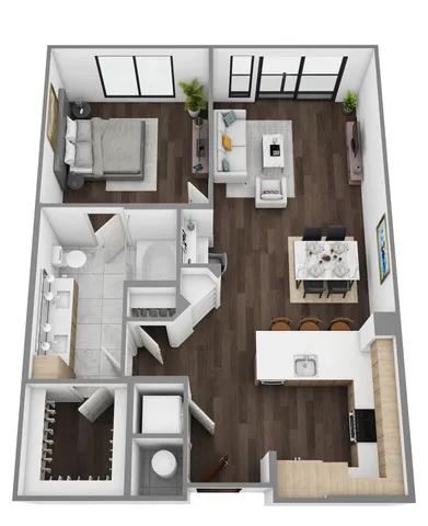 Stylish 3D apartment floor plan showcasing a spacious bedroom, modern open-concept living and dining area, sleek kitchen with island, and luxurious bathroom. Perfect blend of comfort and elegance.