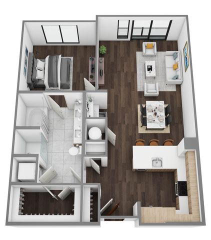 Modern 3D floor plan showcasing a 1-bedroom apartment with a spacious living area, sleek kitchen, elegant dining space, and a stylish bathroom.