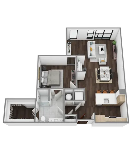 Modern 3D floor plan showcasing a cozy one-bedroom apartment with an inviting living room, stylish kitchen, and elegant dining area.