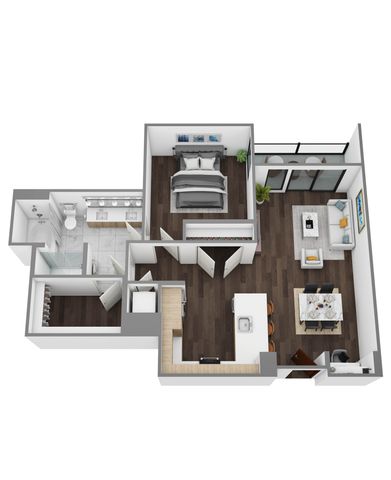 Modern 3D floor plan featuring a luxurious bedroom, elegant bathroom, and stylish open-concept living and dining area with balcony access.