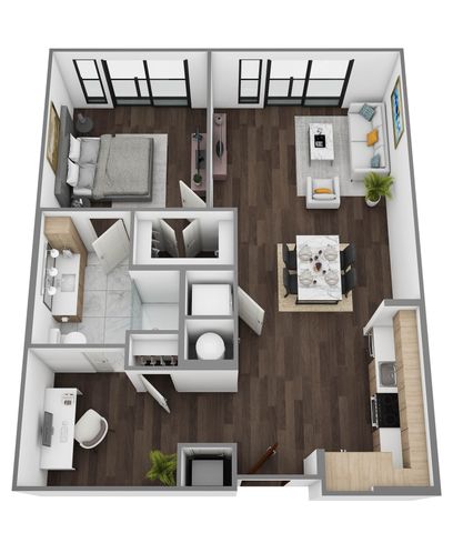 Chic floor plan with a spacious bedroom, cozy living area, elegant dining space, modern kitchen, and home office; perfect for stylish urban living.