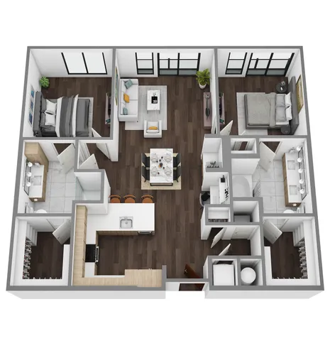 Modern 3D floor plan of a chic apartment with 2 bedrooms, elegant living room, and gourmet kitchen. Sleek bathrooms and stylish decor enhance the luxurious feel.