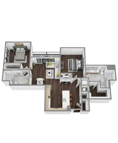Modern 3D floor plan showcasing 2 bedrooms, stylish open-concept living area, sleek kitchen with island, and elegant bathrooms.
