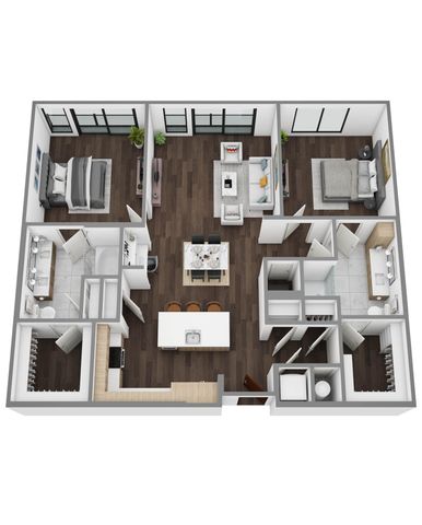 Elegant 3D floor plan showcasing 2 spacious bedrooms, a modern open-concept kitchen, and a stylish living room with large windows.