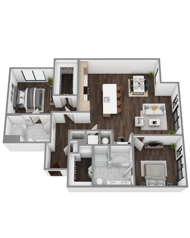 Modern 3D floor plan showcasing 2 bedrooms, inviting living space, open kitchen with island, and elegant dining area.