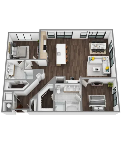 Modern 3D floor plan showcasing 2 bedrooms, open kitchen with island seating, spacious living and dining areas, and two bathrooms with elegant design.