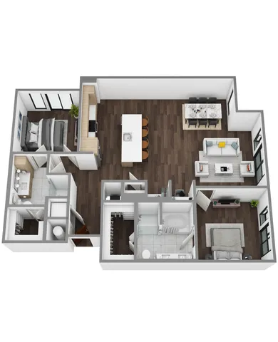 Modern 3D floor plan featuring 2 bedrooms, elegant open-concept living area, and sleek kitchen with island seating.
