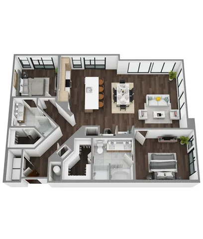 Modern 3D floor plan showcasing two bedrooms, a spacious living area, elegant kitchen island, and dining space with ample natural light.