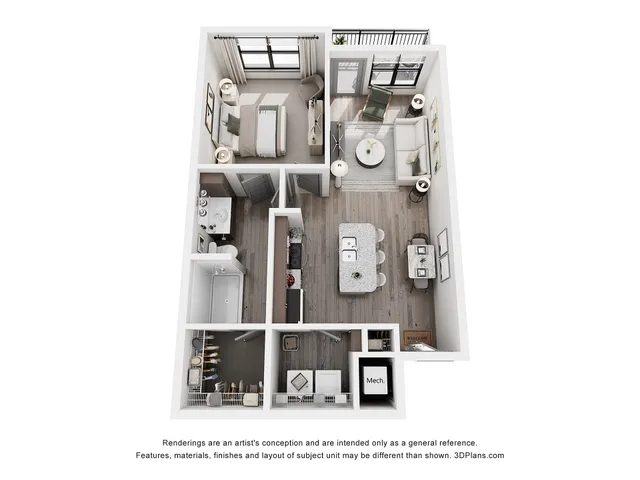 Modern 3D floor plan showcasing a cozy 1-bedroom apartment with an open-concept living and dining area, a sleek kitchen, and stylish decor.