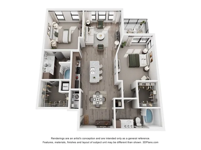 Modern 3D floor plan showcasing a spacious 2-bedroom layout with an open-concept living and dining area, stylish kitchen, and two elegant bathrooms, complete with a private balcony for relaxing outdoor space.