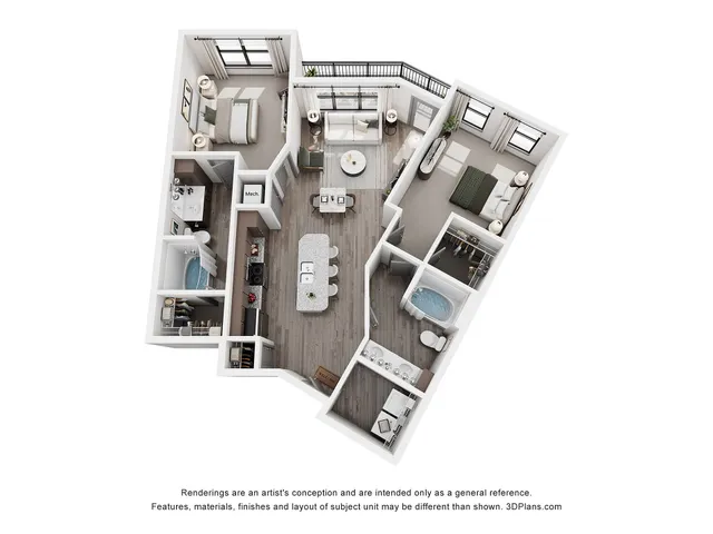 Modern 3D floor plan showcasing a stylish apartment with 2 bedrooms, open living area, elegant kitchen, and two bathrooms. Features a balcony with ample natural light.