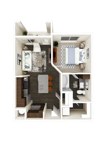 Chic apartment floor plan showcasing 1 bedroom, modern open-concept kitchen with island, cozy living area, and stylish bathroom, offering a seamless blend of comfort and functionality.