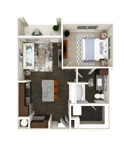 Cozy 1-bedroom apartment floor plan featuring an open-concept living room, modern kitchen with island seating, and elegant bathroom.