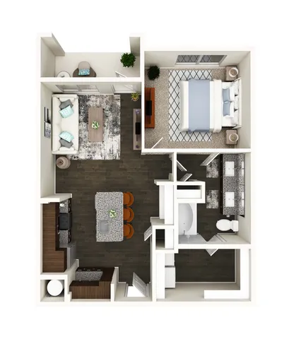 Modern 3D floor plan featuring one bedroom, open living area with cozy seating, elegant bathroom, and stylish kitchen with an island and bar stools.