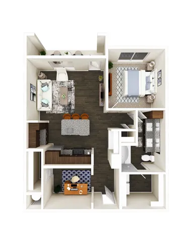 Modern open-concept floor plan featuring one bedroom, a stylish living area, a chic kitchen with bar seating, and a spacious balcony.