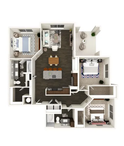 Modern floor plan illustrating 3 bedrooms, open-concept living and dining area, chic kitchen with island, and two bathrooms.