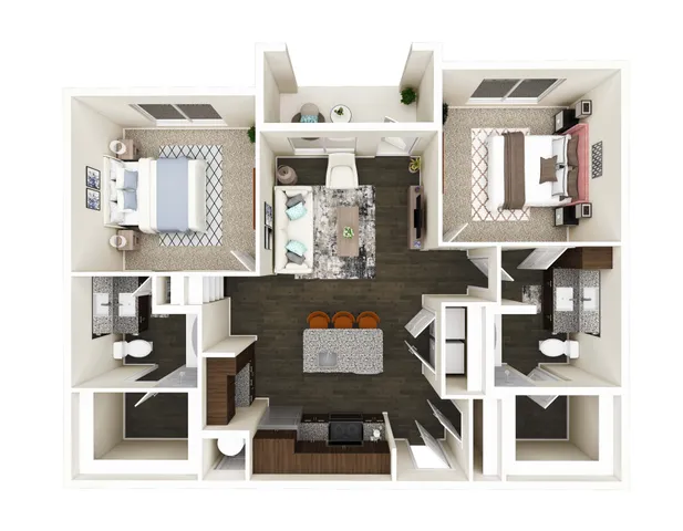 Elegant 3D floor plan showcasing 2 stylish bedrooms, a modern open-concept kitchen, and a cozy living area with ample natural light.