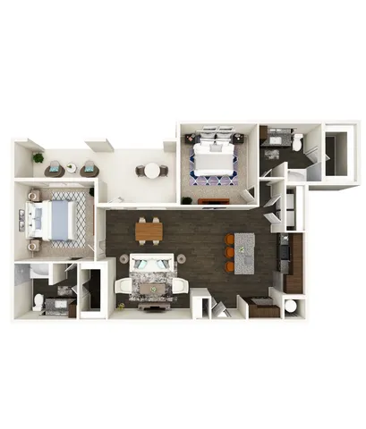 Modern 3D floor plan showcasing two spacious bedrooms, a stylish open-concept living area, and a sleek kitchen with a breakfast bar.