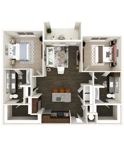 Modern 2D floor plan with two elegant bedrooms, spacious open-concept living area, and stylish kitchen with bar seating.
