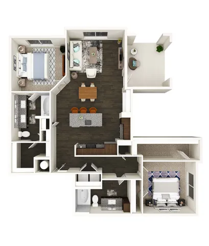 Elegant 3D floor plan showcasing a modern apartment with two bedrooms, spacious open-plan living and dining area, sleek kitchen, and a cozy balcony.