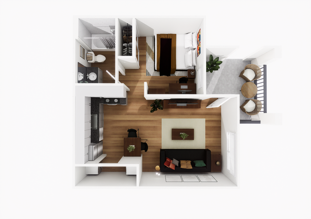 Chic apartment floor plan showcasing one bedroom, an inviting living area, contemporary kitchen, stylish bathroom, and a cozy balcony space.