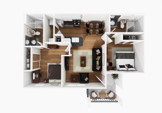 Elegant 3D floor plan showcasing two bedrooms, an inviting living room, modern kitchen, and stylish dining area with a cozy balcony.