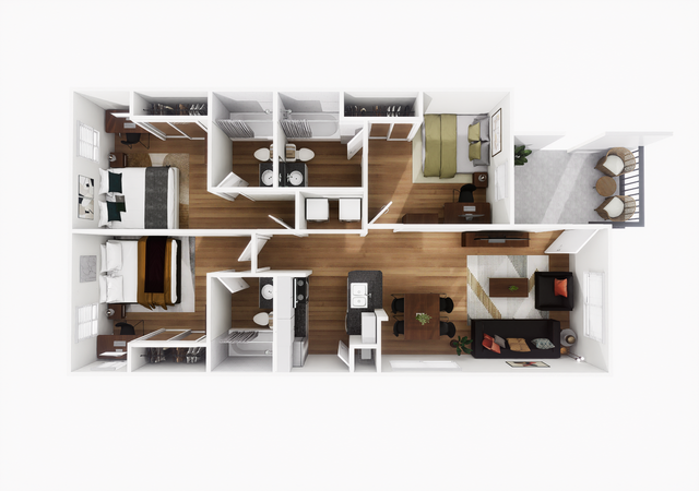 Modern 3D floor plan showcasing 3 bedrooms, 3 bathrooms, an inviting living area, and a cozy balcony for outdoor relaxation.