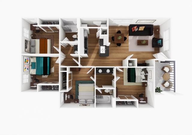 Elegant 4-bedroom floor plan featuring a modern open-concept living room, stylish kitchen, two bathrooms, and a cozy balcony.