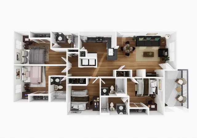 Elegant 4-bedroom apartment floor plan featuring spacious living room, modern kitchen, multiple bathrooms, and a cozy balcony.