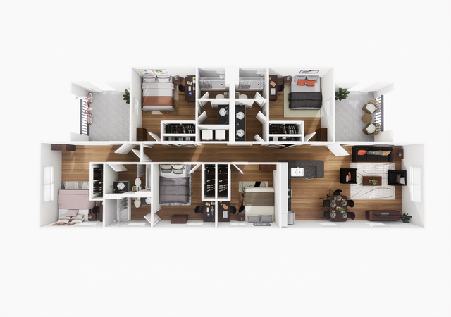 Modern 3D floor plan showcasing 5 bedrooms, 4 bathrooms, open living area with adjoining kitchen, and stylish balcony spaces.