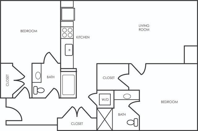 Two bedroom, two bath 981 sq ft apartment