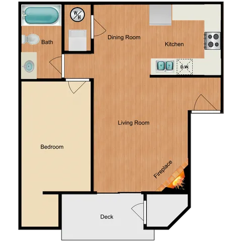 One bedroom, one bath, 610 square foot apartment home