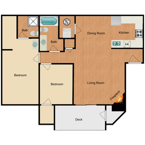 Two bedroom, two bath, 936 square foot apartment home
