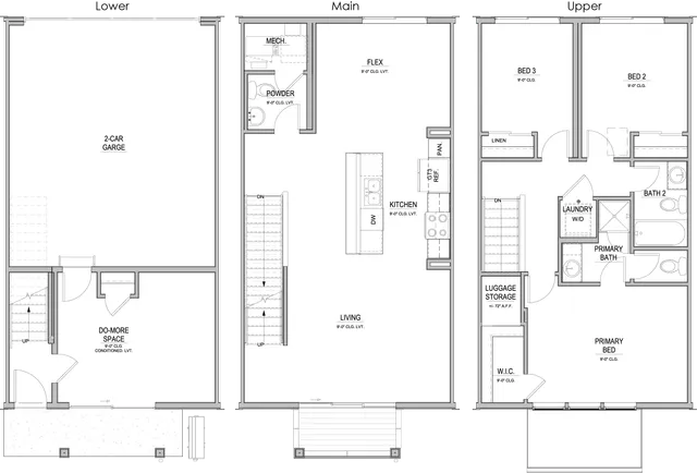 Sophisticated floor plan showcasing a three-level design with a garage, flexible living area, and three bedrooms.